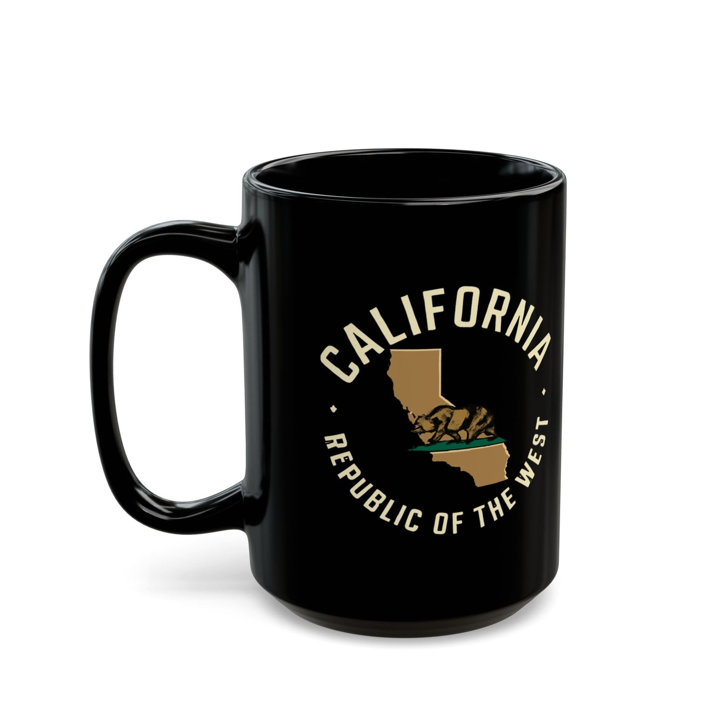 Black mug with "California Republic of the West" text and state outline.