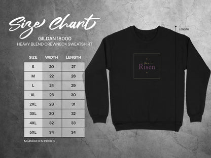 Gildan 18000 size chart for sweatshirt with "He is Risen" graphic.