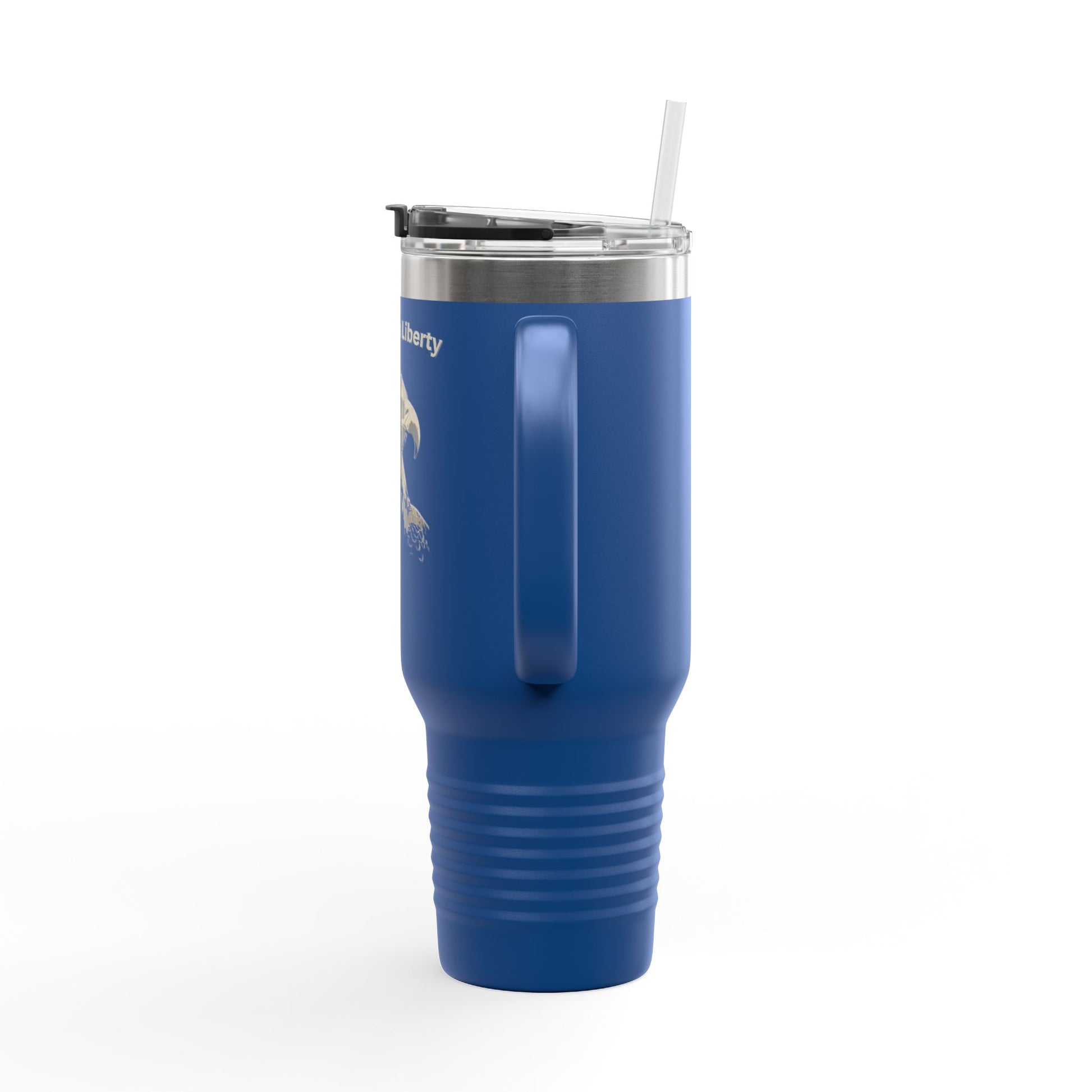 Strength in Liberty text on the top of a  40oz Insulated Travel Mug