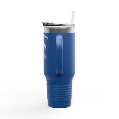 Strength in Liberty text on the top of a  40oz Insulated Travel Mug