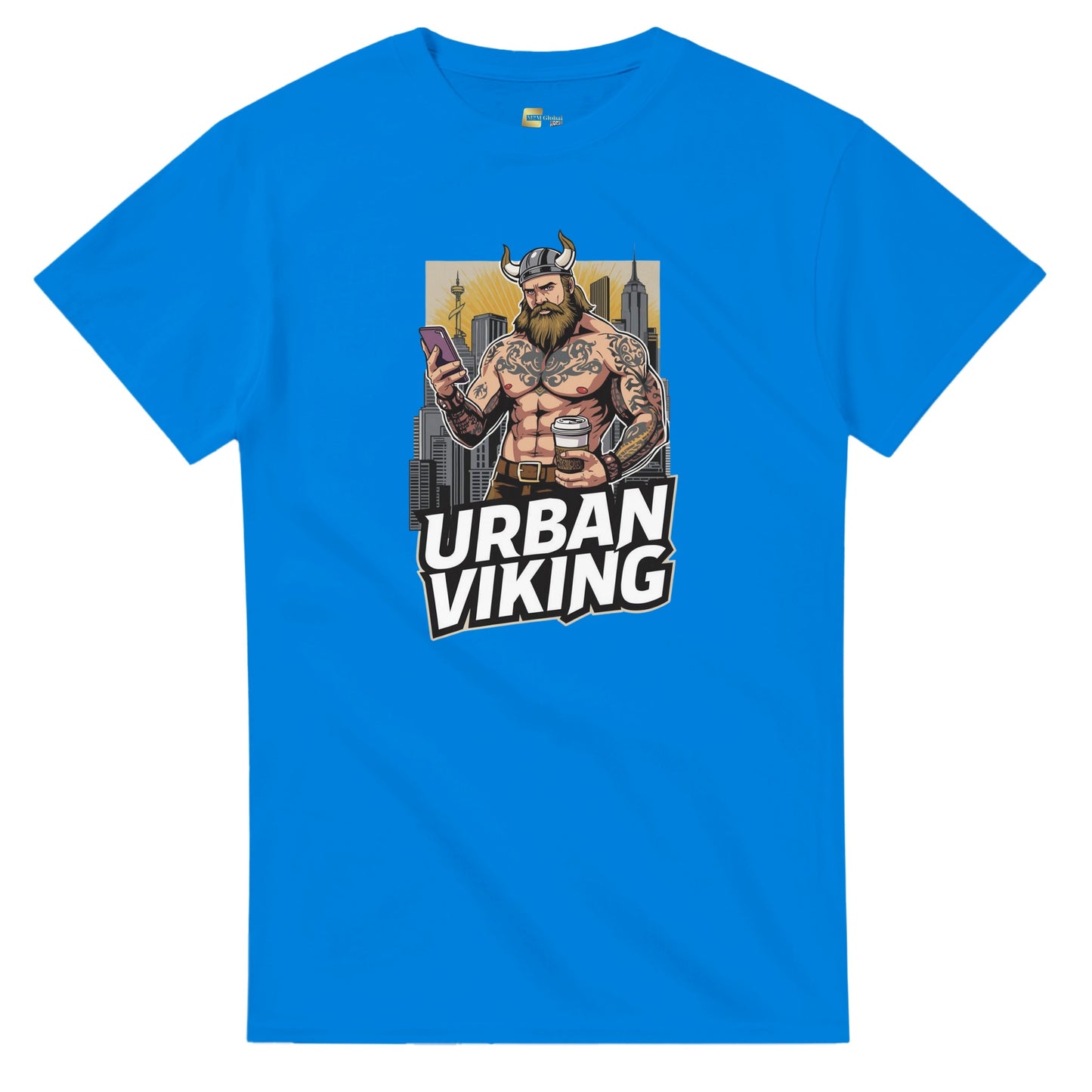Person wearing a gray t-shirt with 'Urban Viking' graphic design in an indoor setting