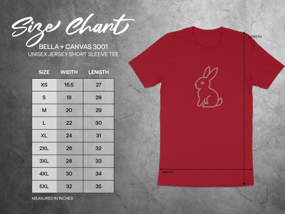 Red T-Shirt Rabbit Outline Design Unisex Tee product type
T-Shirt, Rabbit Tee, Bunny Shirt, Animal Design, Graphic Tee, Unisex T-Shirt, Short Sleeve, Red Shirt, Outline Art, Cute Bunny, Easter Shirt, Pet Lover Gift, Bella Canvas, BC 3001, Everyday Wear, Casual Apparel, Trendy Top, Rabbit Graphic, Jersey Tee, Minimalist Design