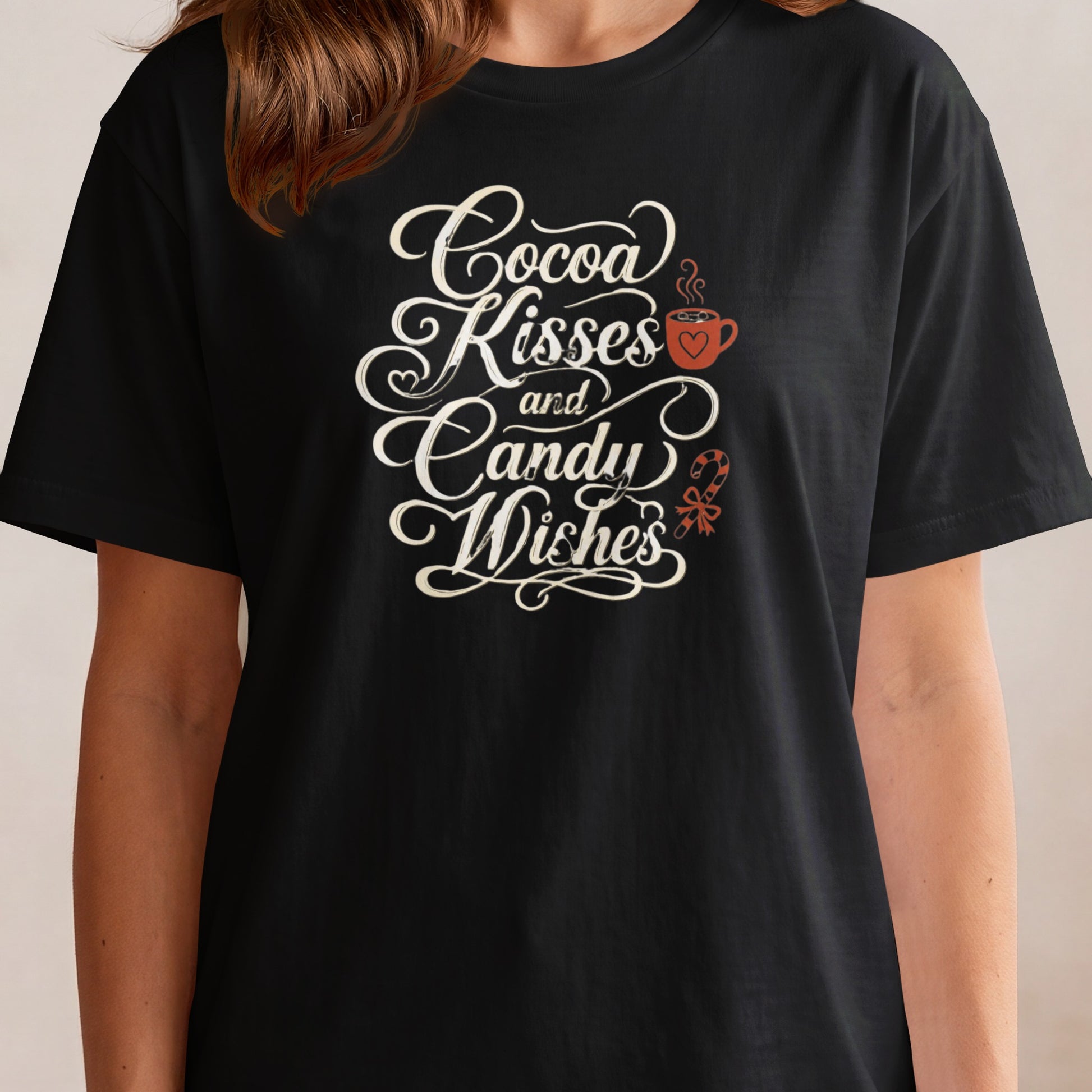 Black t-shirt with "Cocoa Kisses and Candy Wishes" text and graphics.