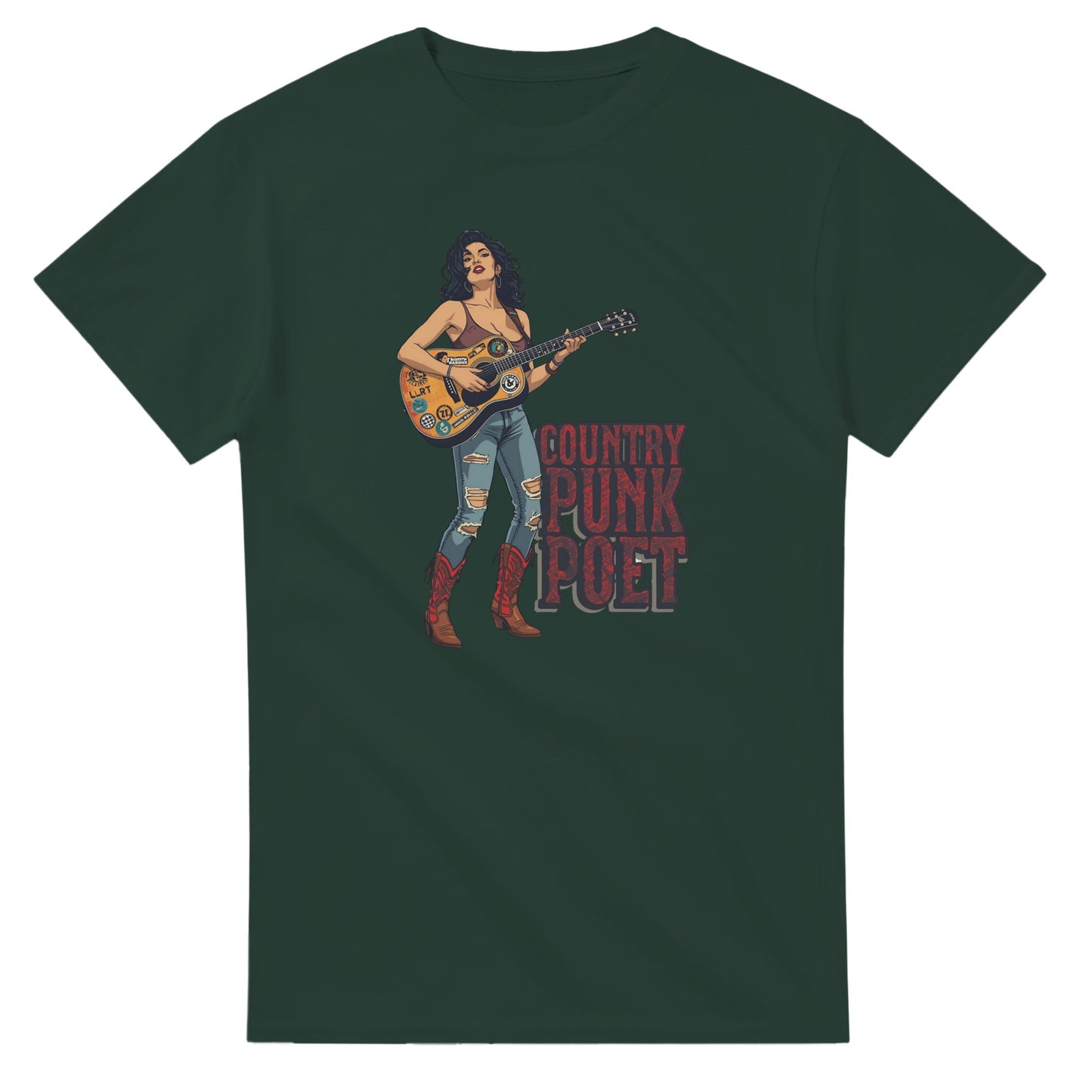 Woman wearing a red t-shirt with a graphic design, holding shopping bags in a mall.