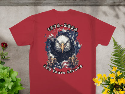 Red t-shirt with eagle graphic and "1776-2026 250 Years Strong" text.