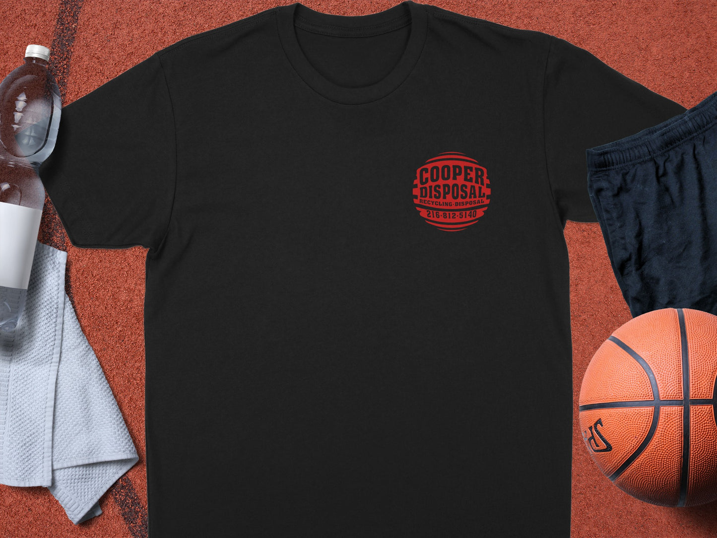 Black t-shirt with red Cooper Disposal Recycling logo and phone number.
