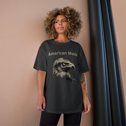 American Made text above an eagle head on a Champion Tee