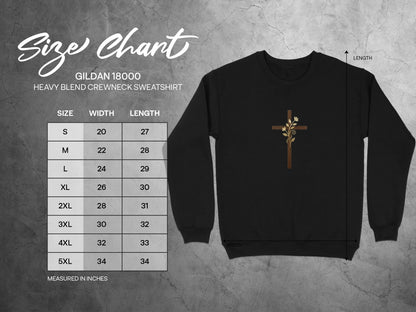 Gildan 18000 sweatshirt size chart with width and length measurements.