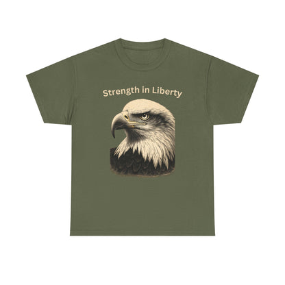 Engraved Eagle - Strength in Liberty - text on the top of a Heavyweight T-shirt