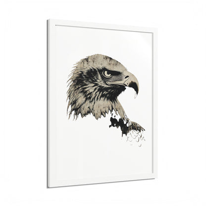 Framed, stylized close-up portrait of an eagle's head in profile.
