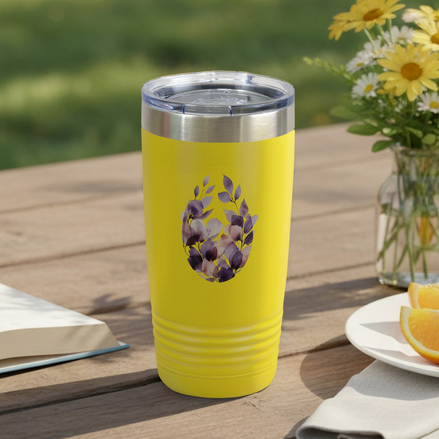 Yellow Tumbler with Floral Purple and White Design
