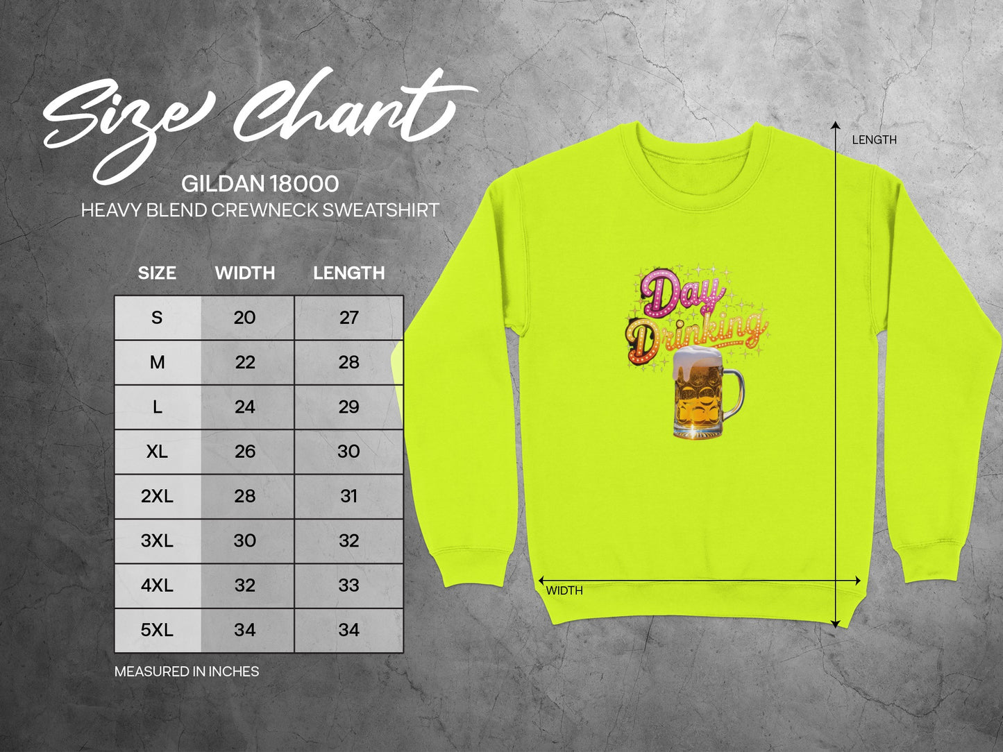Day Drinking Beer Mug Neon Yellow product type
Day Drinking
Beer Mug
Neon Yellow
Sweatshirt
Crewneck
Pullover
Funny
Party
Drinking Shirt
Graphic Top
Unisex Apparel
Adult Clothing
Bright Yellow
Fluorescent
Casual Wear
Beer Lover Gift
St Patricks Day
Oktoberfest
Humorous Design
Beverage Theme