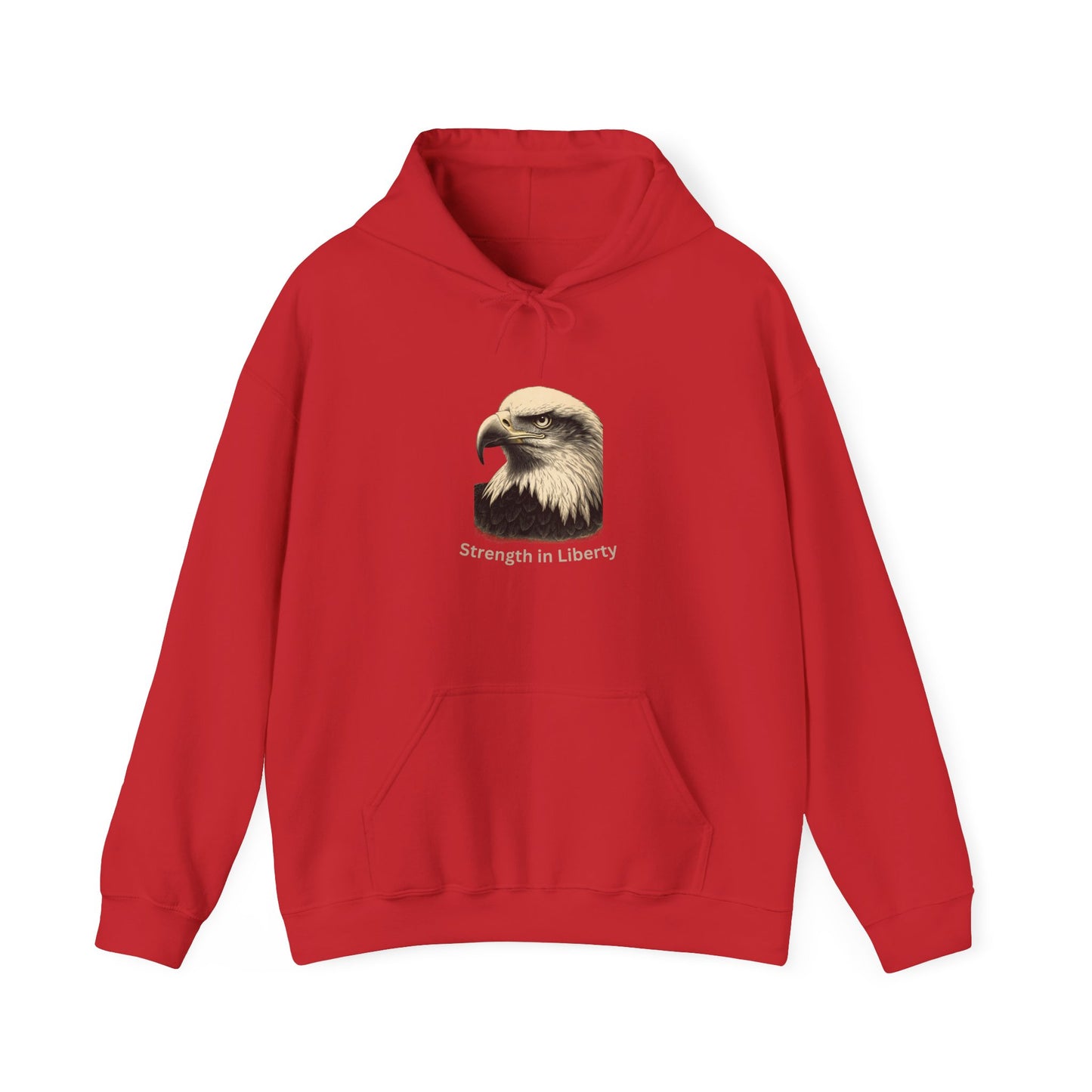 Strength in Liberty text beneath an eagle head on a Pullover Hoodie