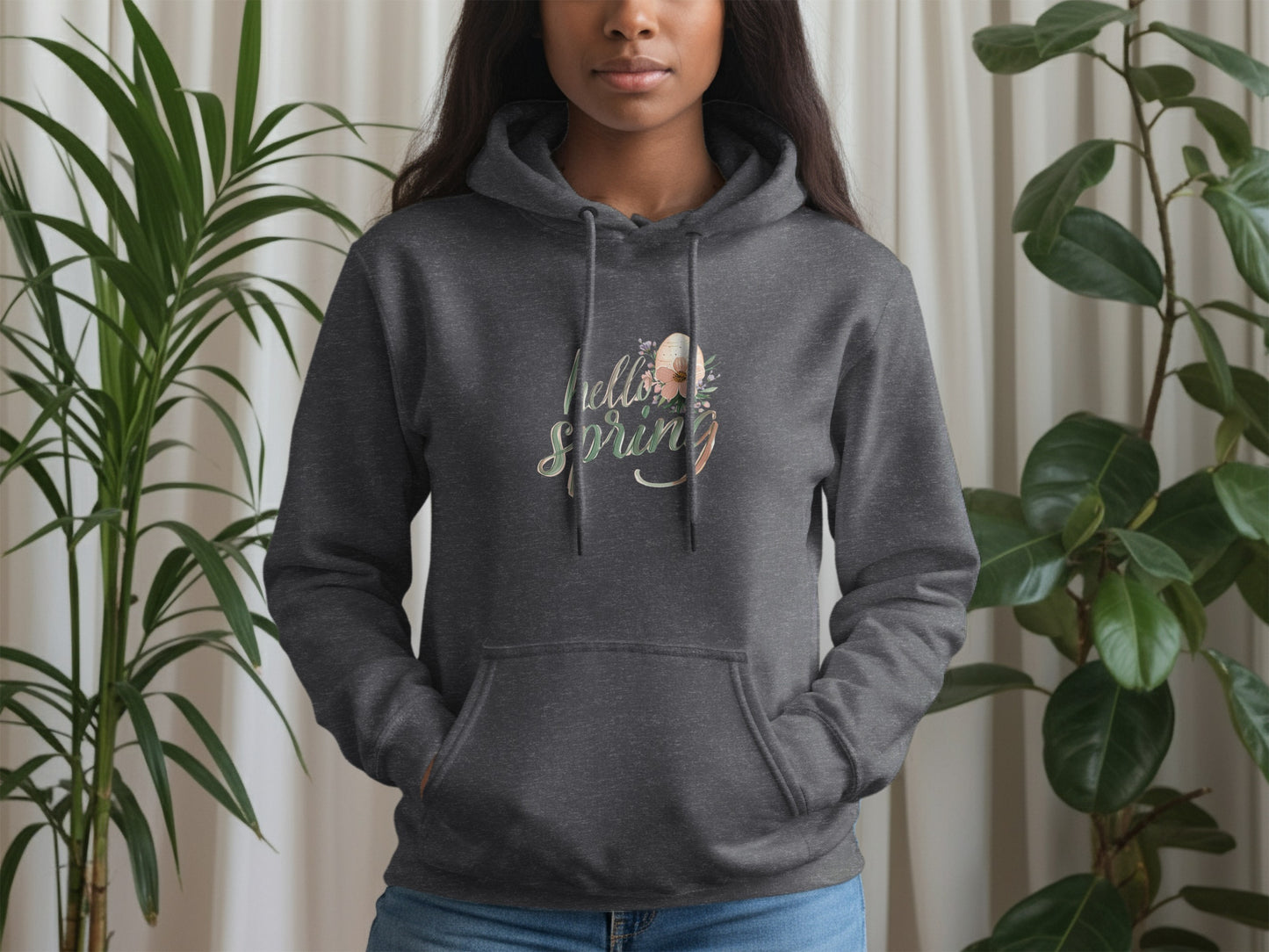 Hello Spring Design Charcoal Hoodie Sweatshirt