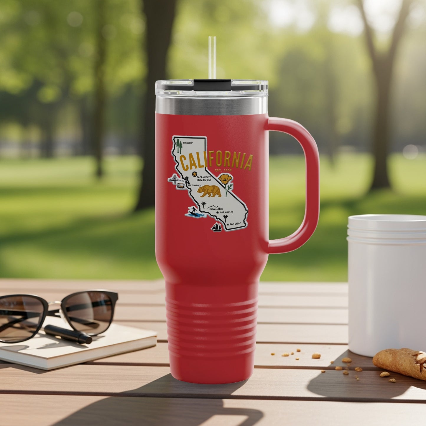 Travel tumbler with California map and cities illustration.