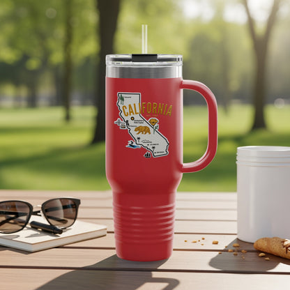 Travel tumbler with California map and cities illustration.