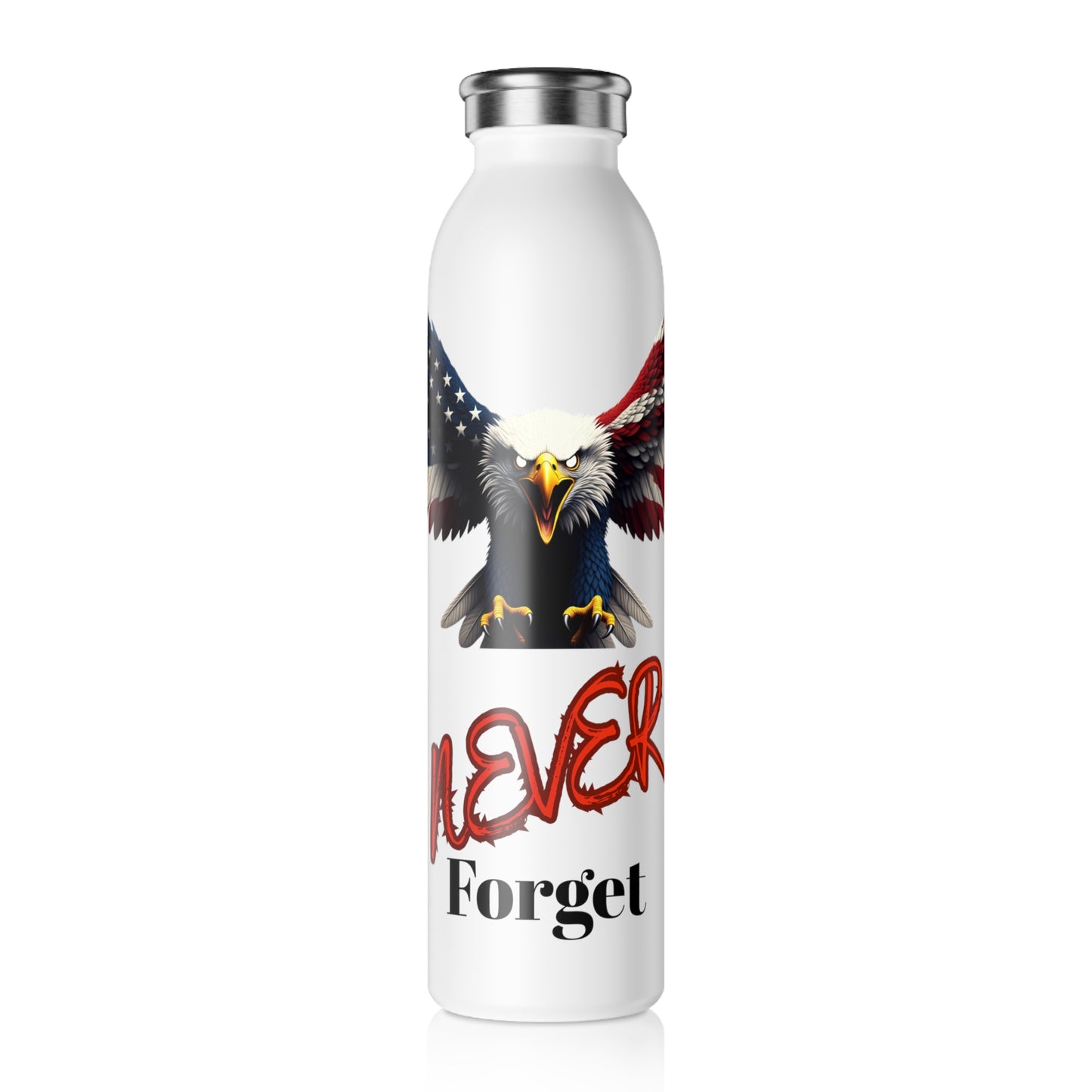 Never Forget Patriotic Eagle on a 20oz Stainless Steel Water Bottle