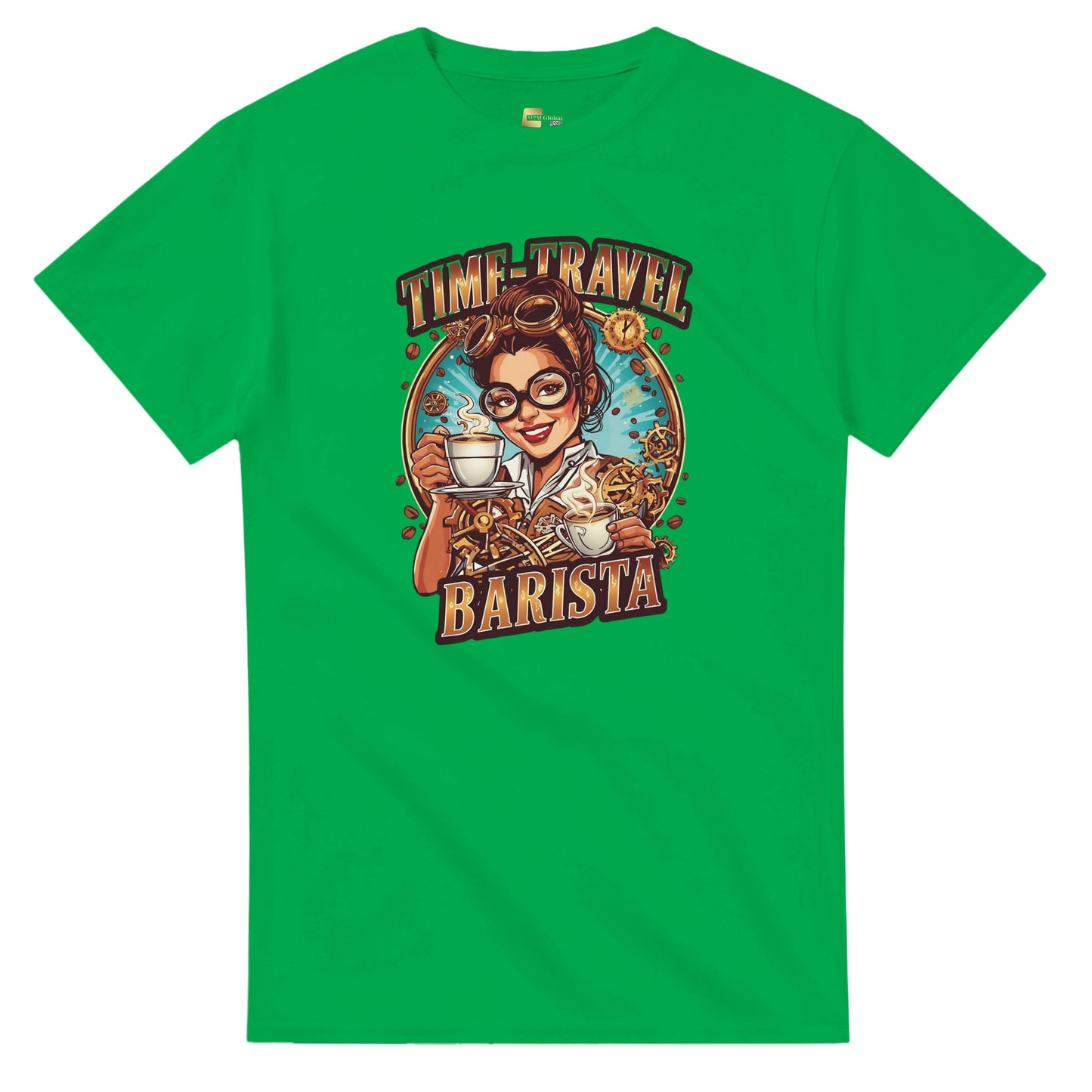Time-Travel Barista graphic design on a Heavyweight T-shirt