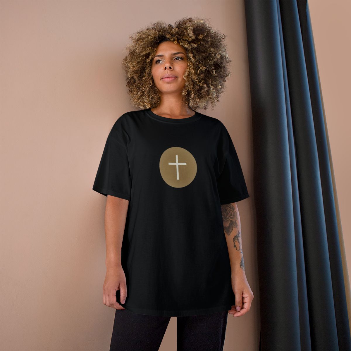 Black T-Shirt Gold Circle White Cross product type