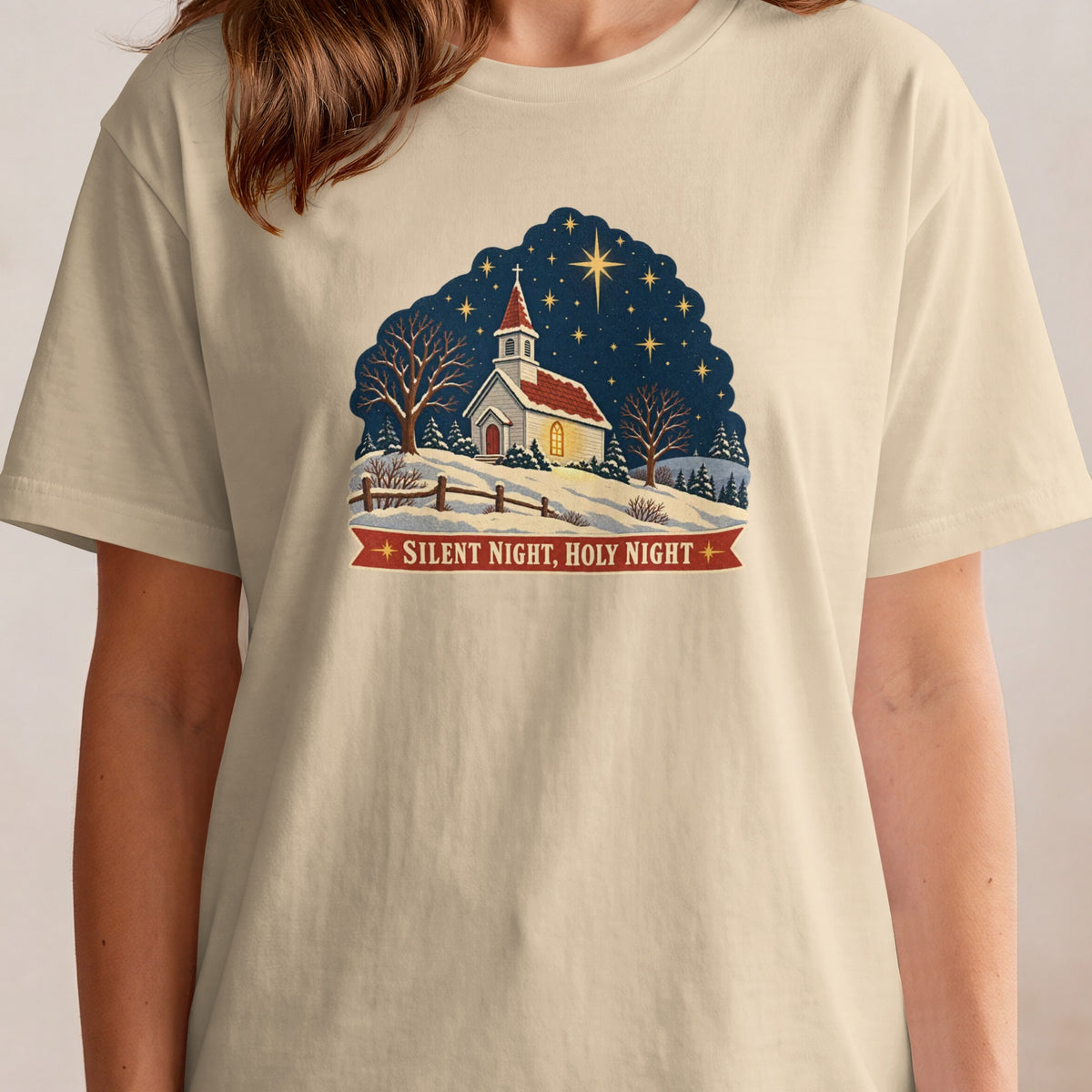 Christmas church scene with text "SILENT NIGHT, HOLY NIGHT" on a beige shirt.