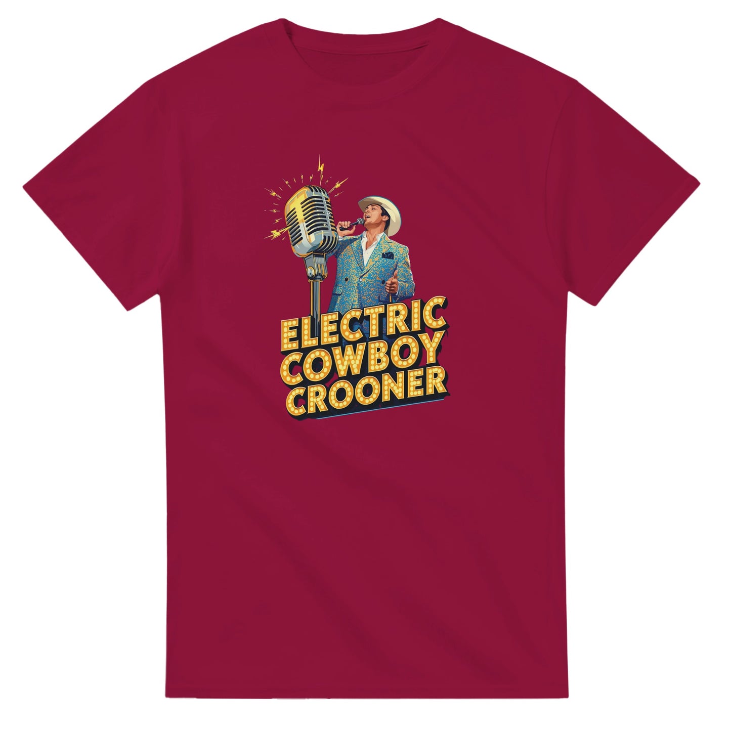 Person wearing a blue t-shirt with 'Electric Cowboy Crooner' design in a mall setting