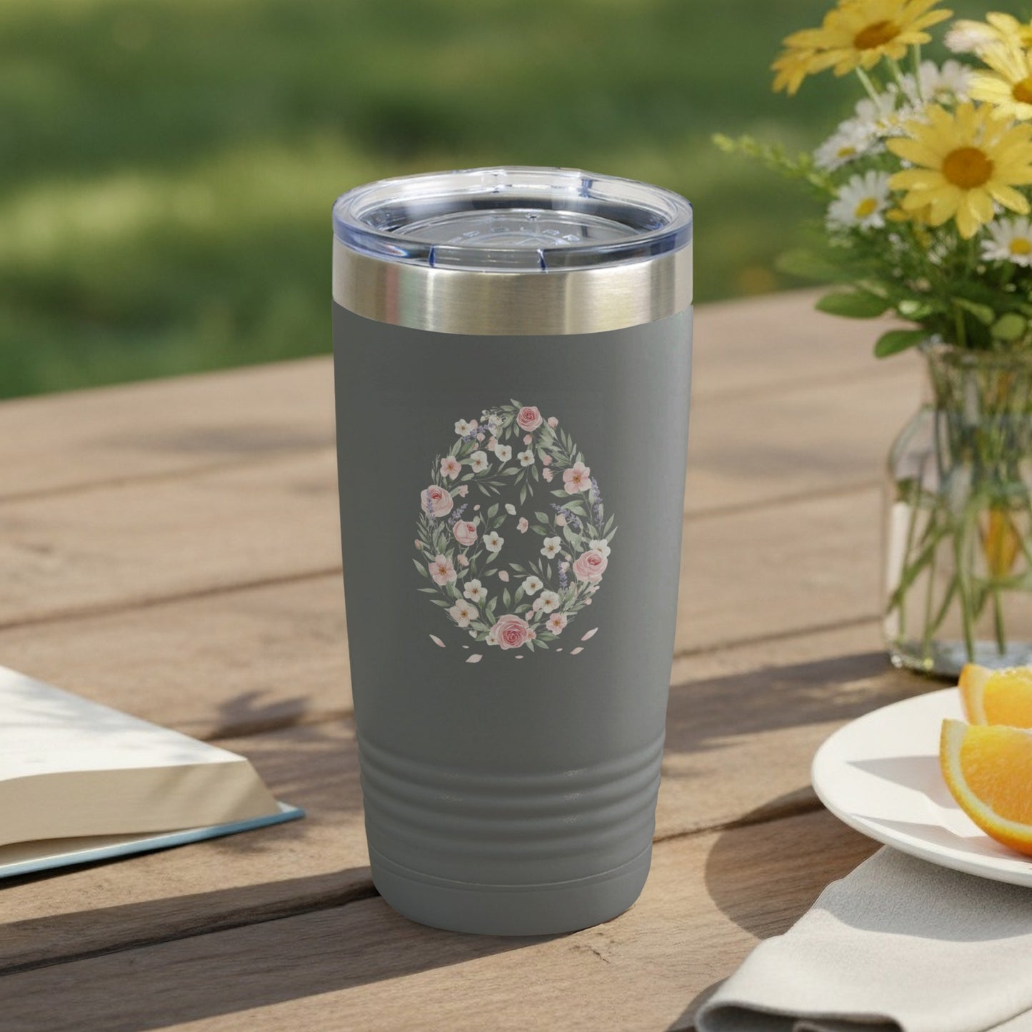 Floral Egg Design Gray Tumbler for Outdoor Refreshments
