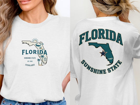 White t-shirt with Florida state outline and palm tree graphic.