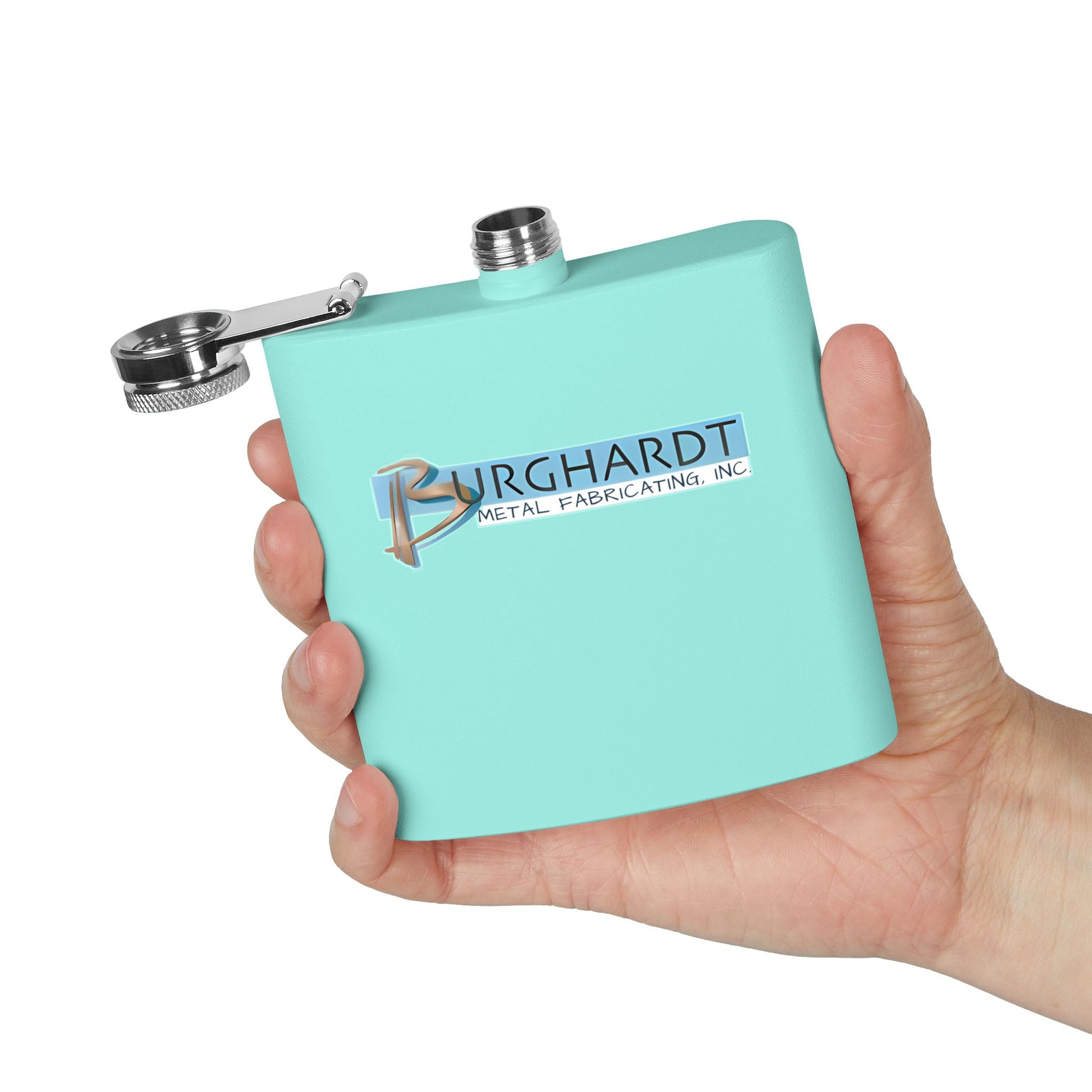 Burghardt Metal Fabricating, Inc., logo on a 6oz Stainless Steel Flask