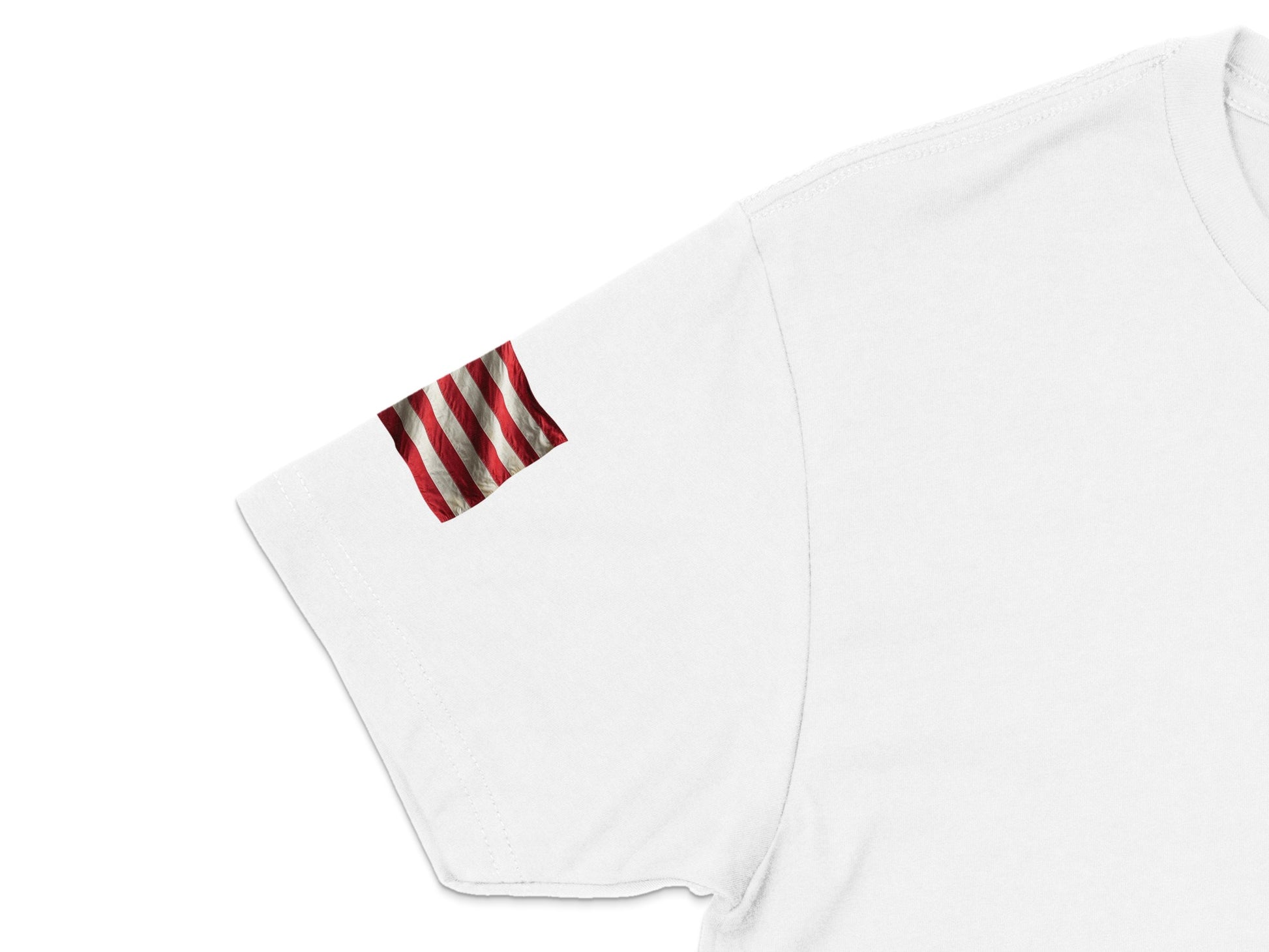 White t-shirt sleeve with small American flag graphic on shoulder.