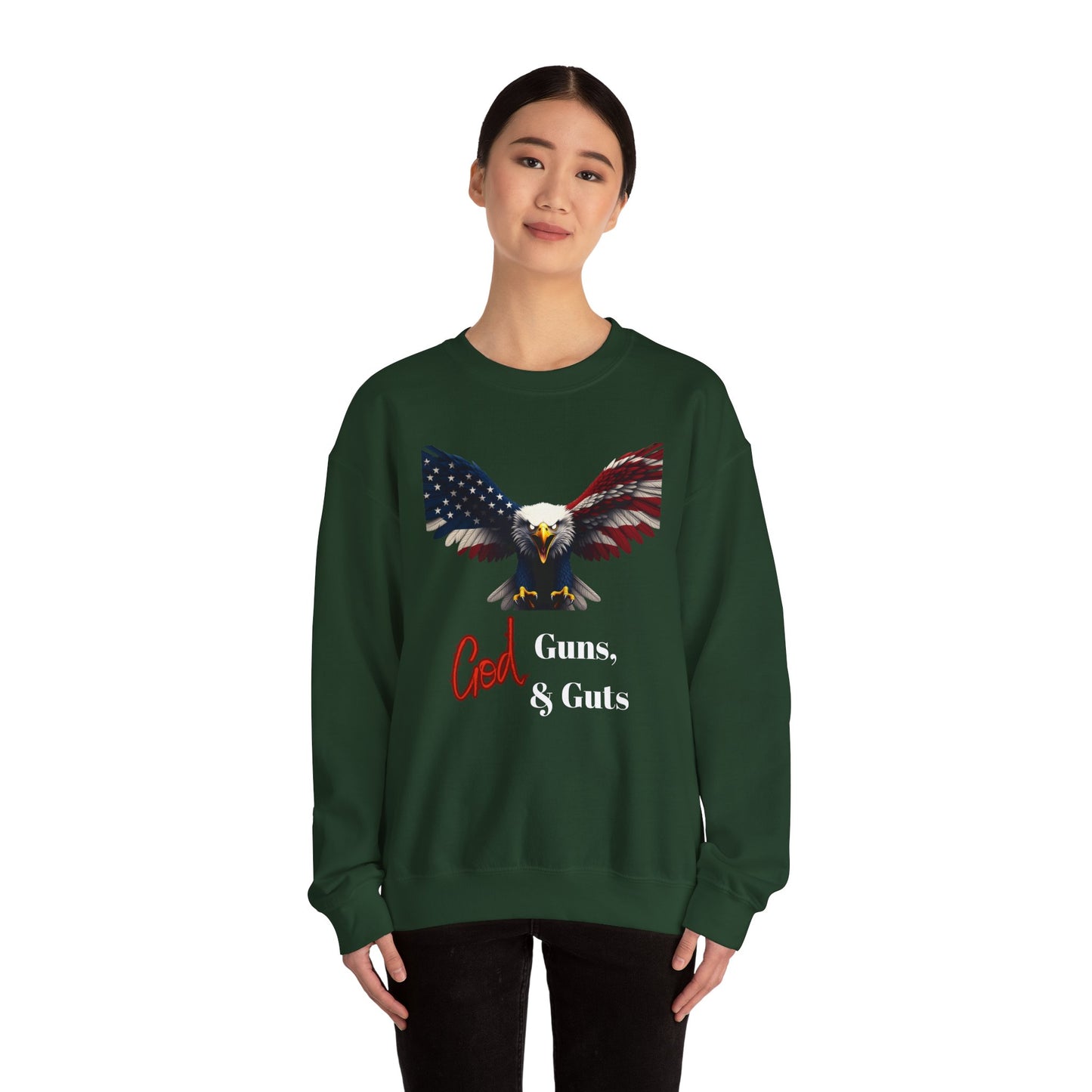God Guns & Guts Patriotic Eagle text on a Crewneck Sweatshirt