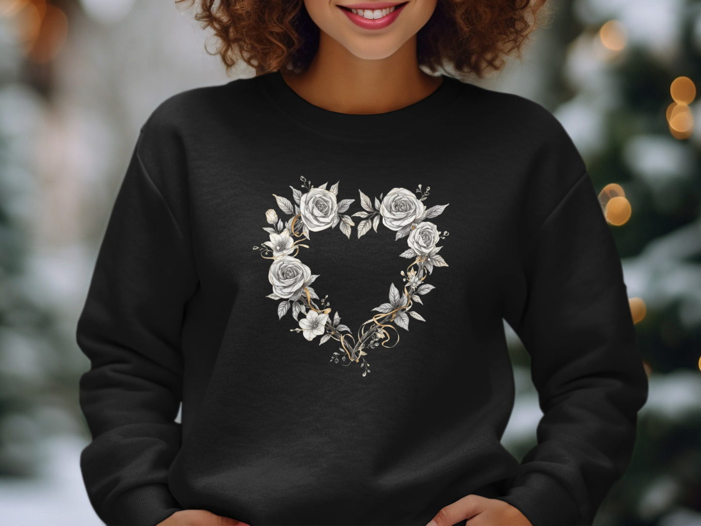 Love Heart Floral Design on Black Shirt