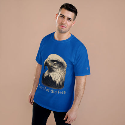 Engraved Eagle - Land of the Free - text on the bottom of a Champion Tee
