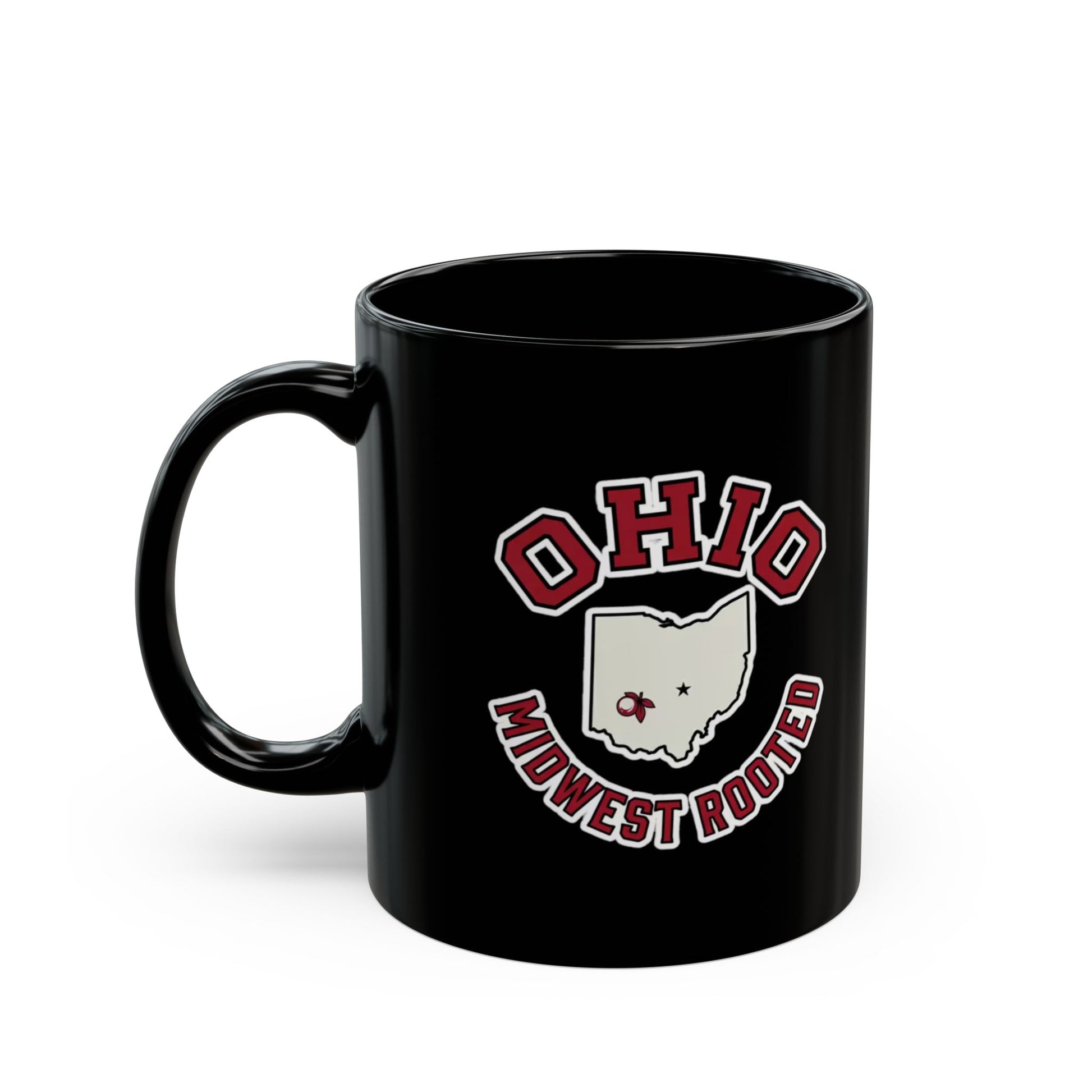 Black mug with "Ohio Midwest Rooted" and state outline graphic.