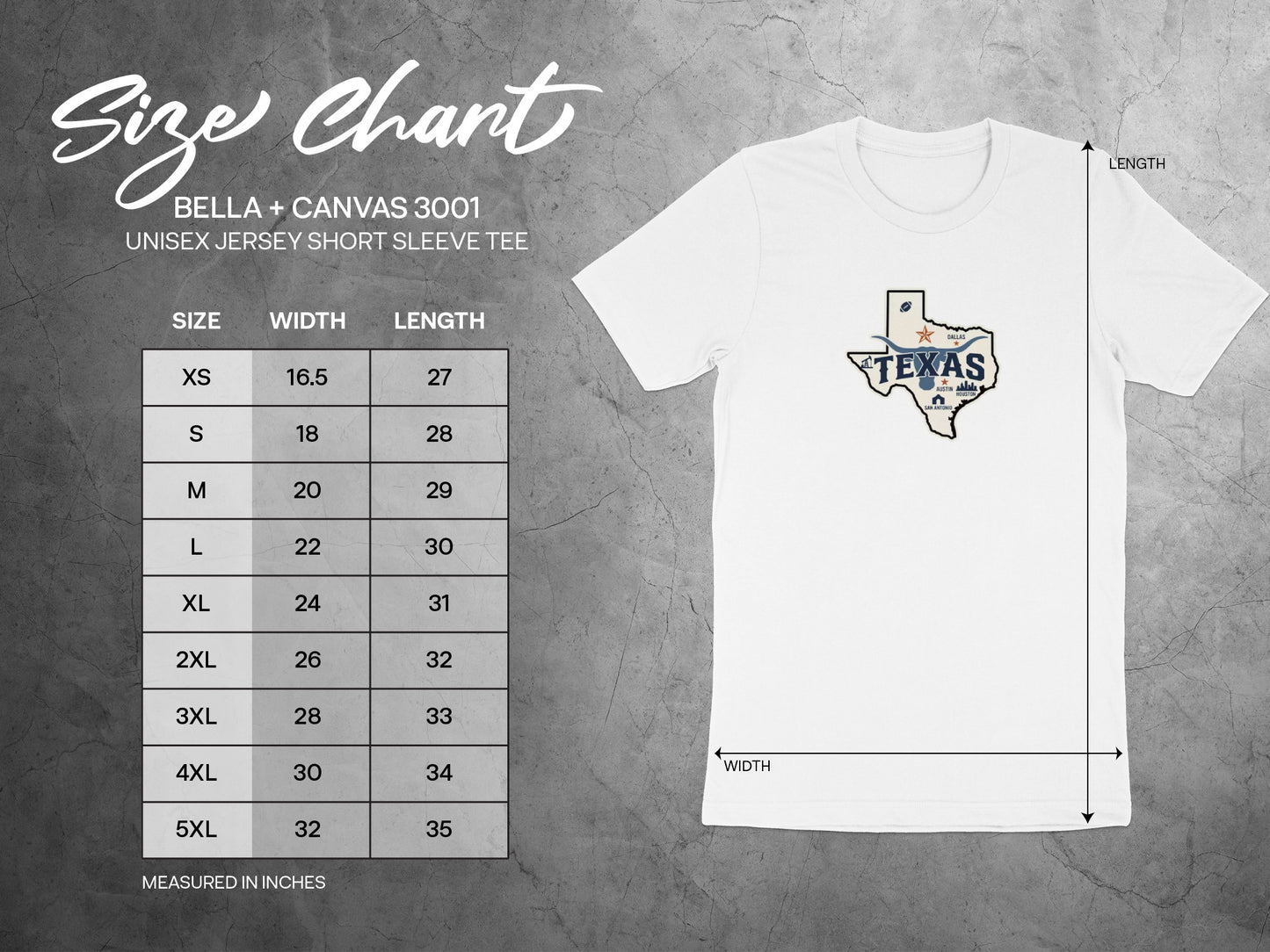 Size chart for Bella + Canvas 3001 unisex t-shirt with Texas graphic.