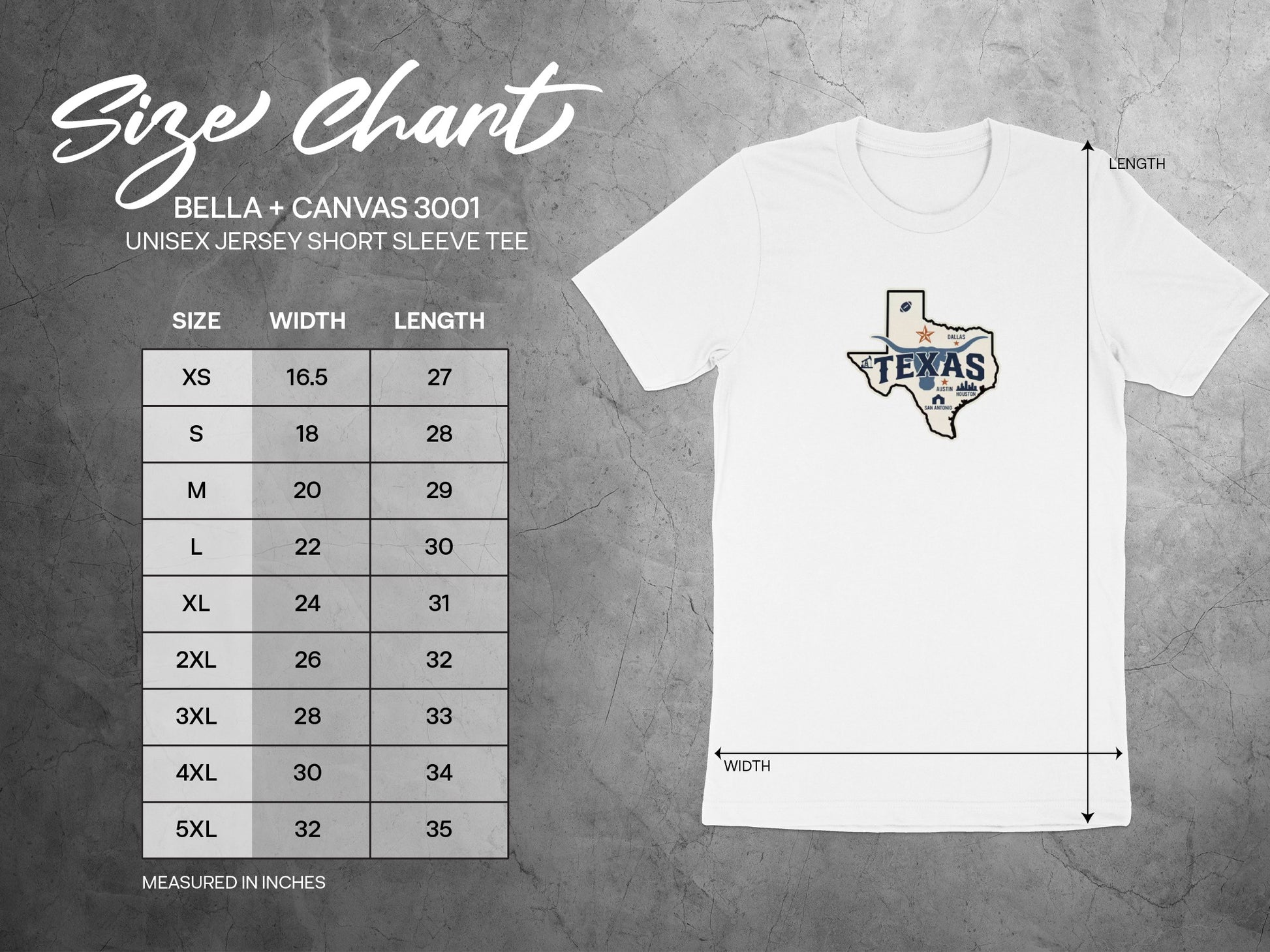 Size chart for Bella + Canvas 3001 unisex t-shirt with Texas graphic.