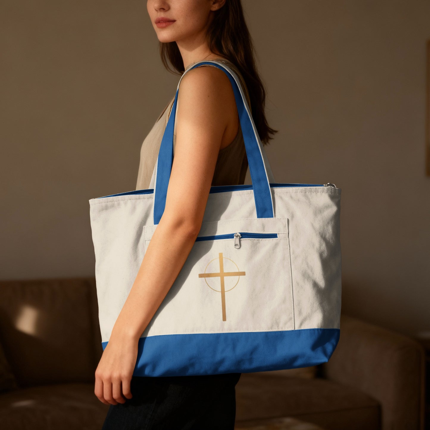 Religious Cross Design Blue Trim Zippered Tote Bag product type