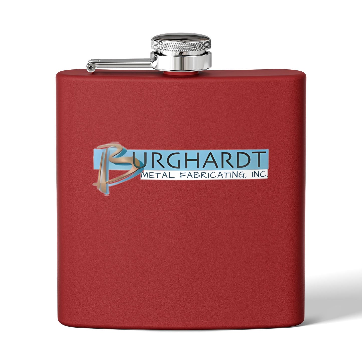 Burghardt Metal Fabricating, Inc., logo on a 6oz Stainless Steel Flask