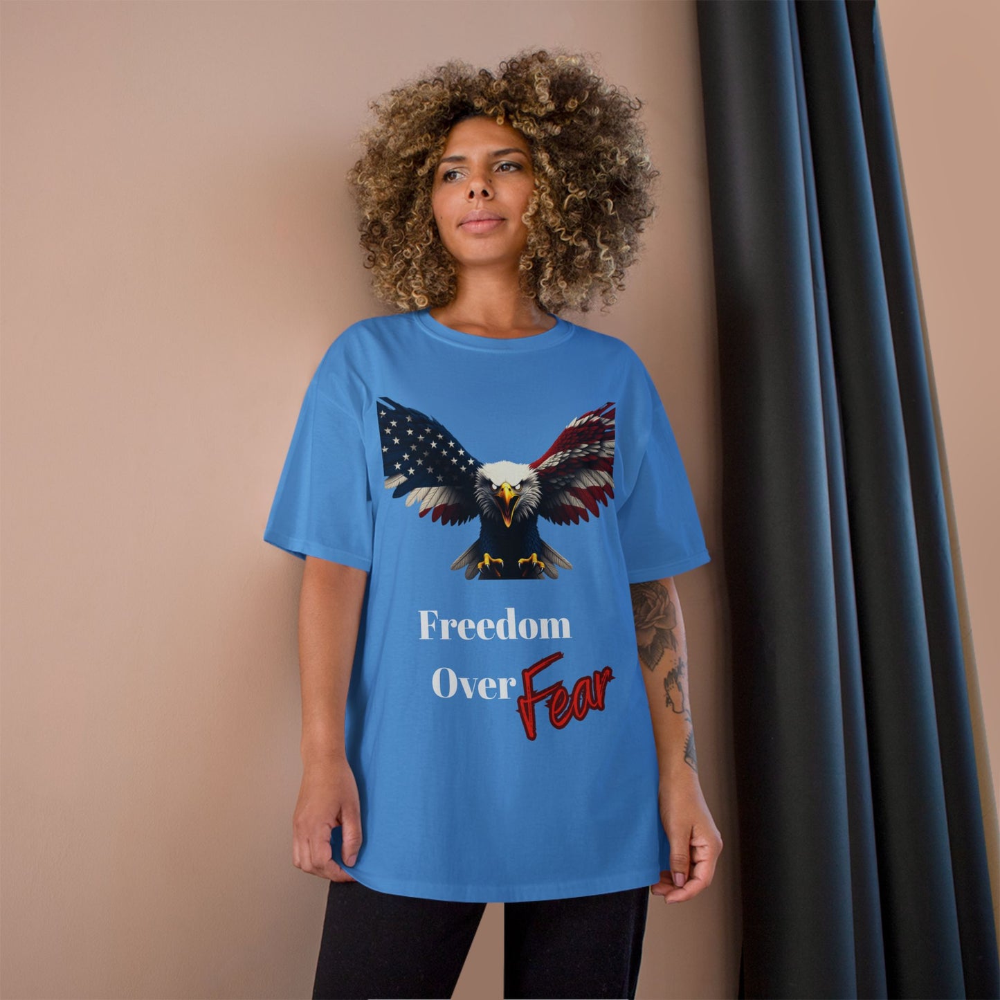 Freedom Over Fear Patriotic Eagle on a Champion T-shirt