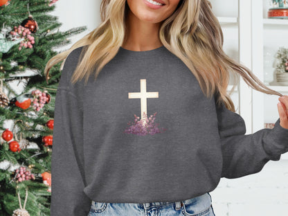 Dark gray sweatshirt with a white cross design and purple flowers.