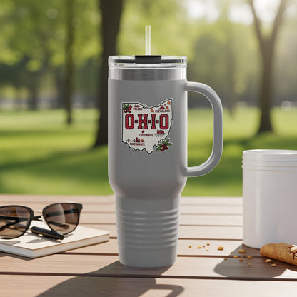 Travel mug with Ohio map graphic and city names.