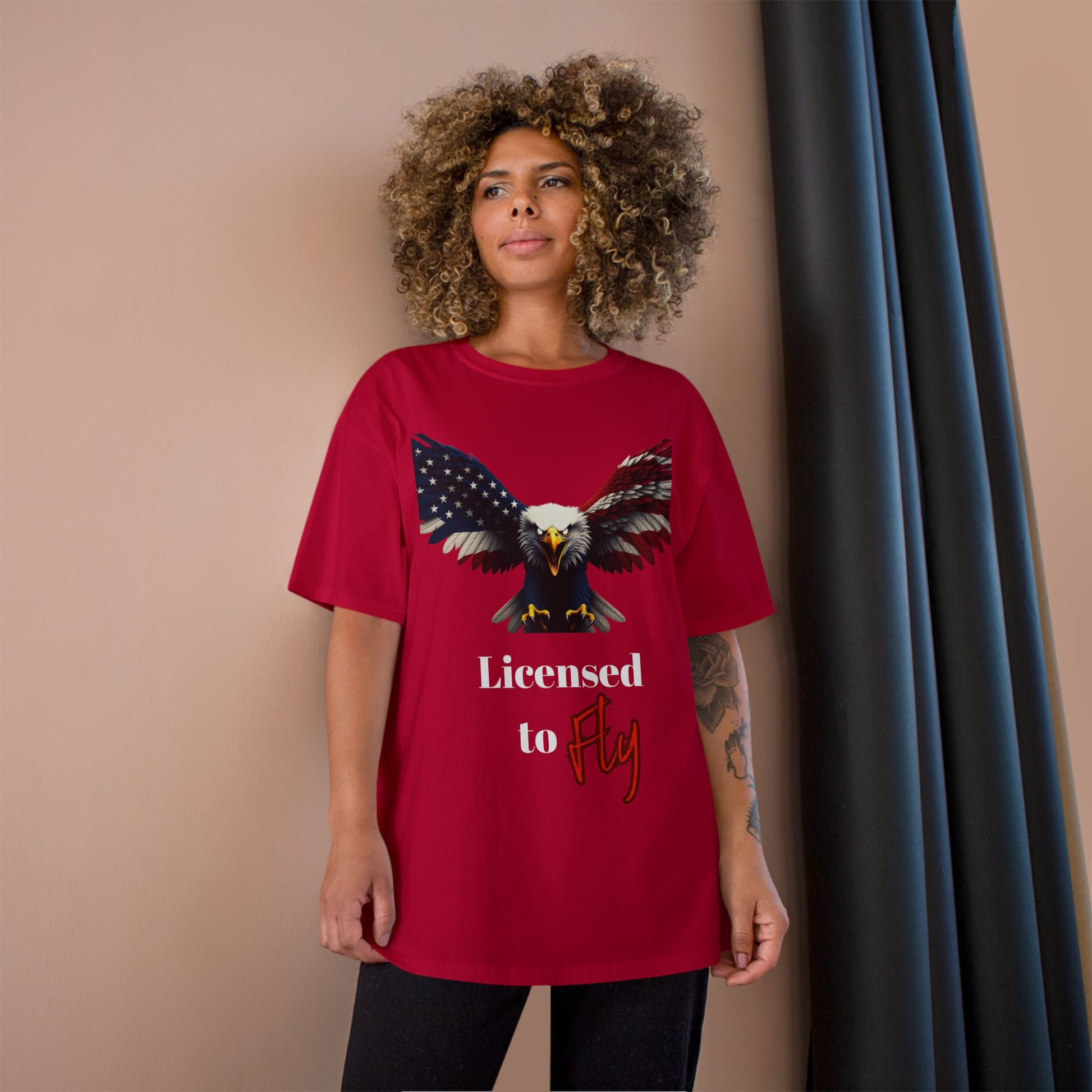 Licensed To Fly Patriotic Eagle on a Champion T-shirt