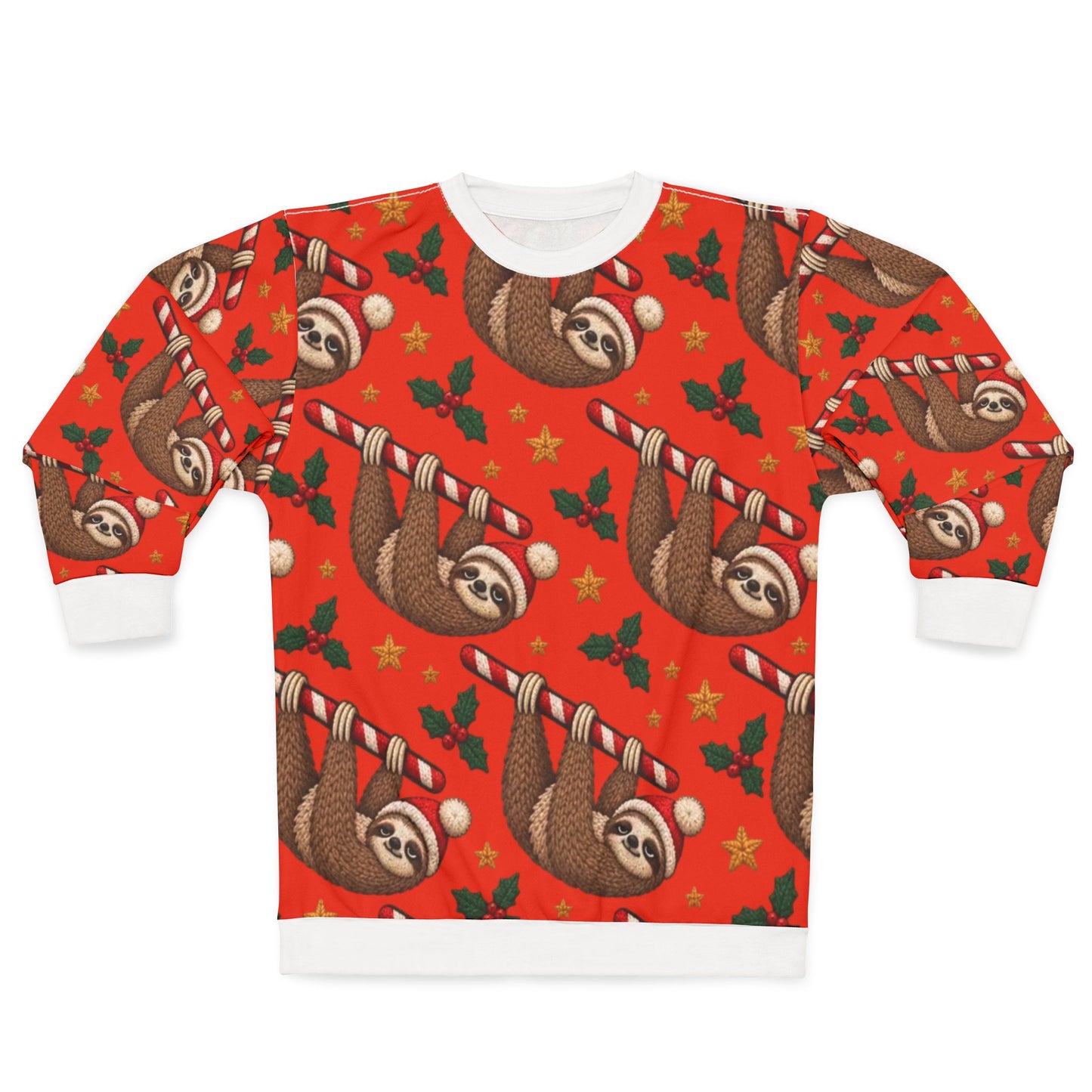 Red sweater with repeating pattern of sloths in Santa hats holding candy canes.