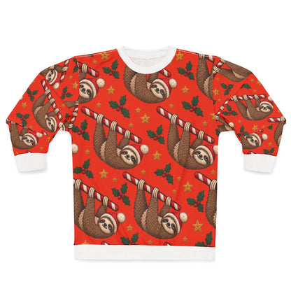 Red sweater with repeating pattern of sloths in Santa hats holding candy canes.