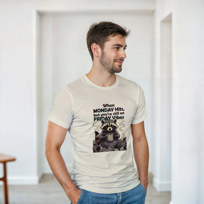 When MONDAY Hits, But You're Still On FRIDAY Vibes Raccoon on a Heavyweight T-shirt