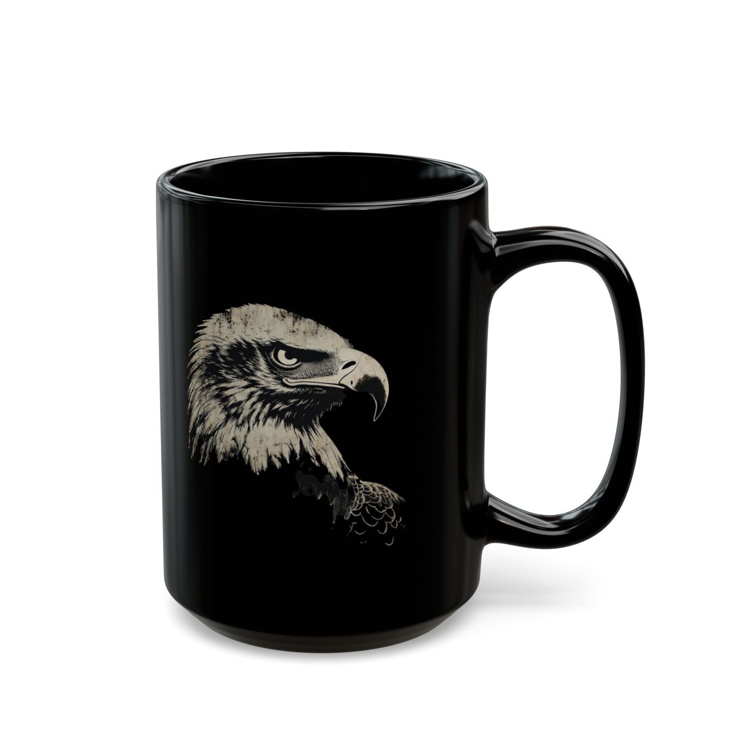 Black mug with a detailed eagle portrait graphic on the side.