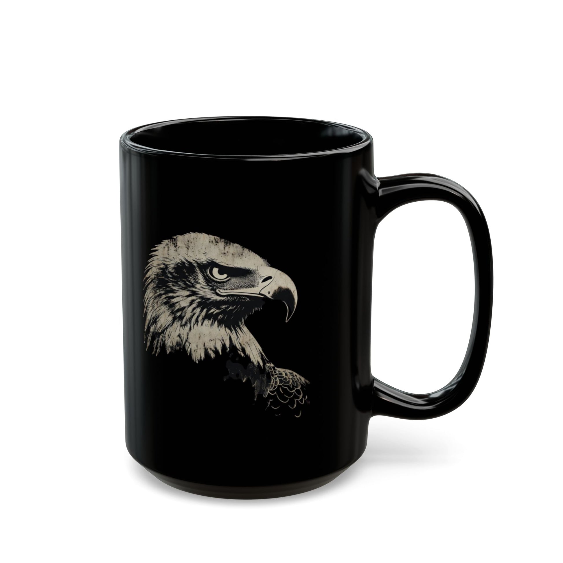Black mug with a detailed eagle portrait graphic on the side.