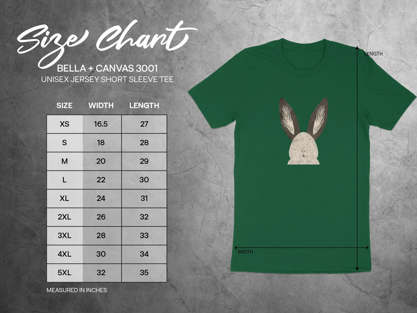 BELLA + CANVAS 3001 UNISEX JERSEY SHORT SLEEVE TEE product type
Unisex
T-shirt
Short Sleeve
Jersey Tee
Bella Canvas
Bella Canvas 3001
Rabbit Design
Bunny Print
Animal Graphic
Easter Shirt
Cute Apparel
Green Tee
Dark Green Shirt
Crew Neck
Casual Wear
Graphic Tee
Spring Fashion
Holiday Gift
Soft Tee
Comfortable Shirt