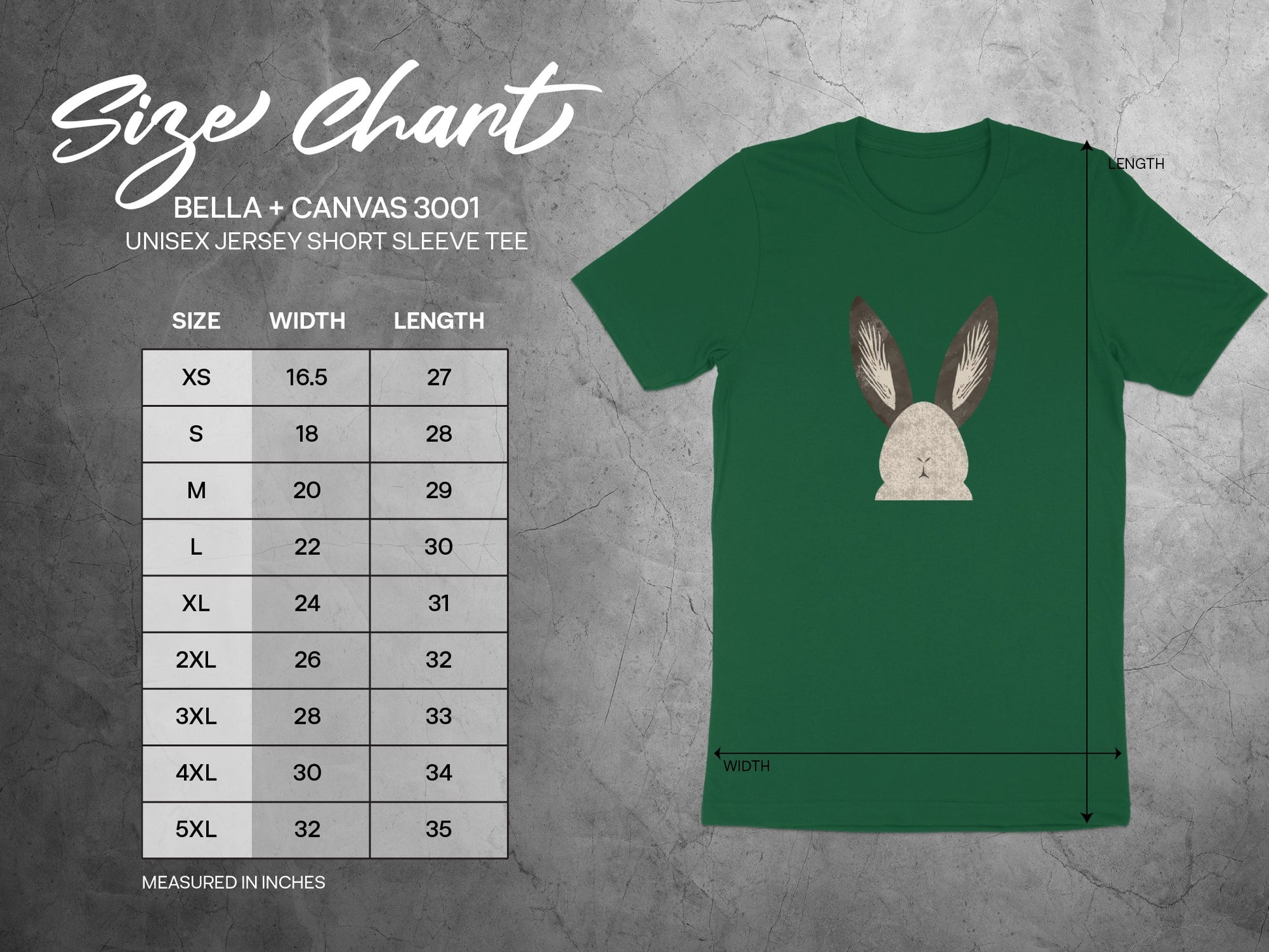 BELLA + CANVAS 3001 UNISEX JERSEY SHORT SLEEVE TEE product type
Unisex
T-shirt
Short Sleeve
Jersey Tee
Bella Canvas
Bella Canvas 3001
Rabbit Design
Bunny Print
Animal Graphic
Easter Shirt
Cute Apparel
Green Tee
Dark Green Shirt
Crew Neck
Casual Wear
Graphic Tee
Spring Fashion
Holiday Gift
Soft Tee
Comfortable Shirt