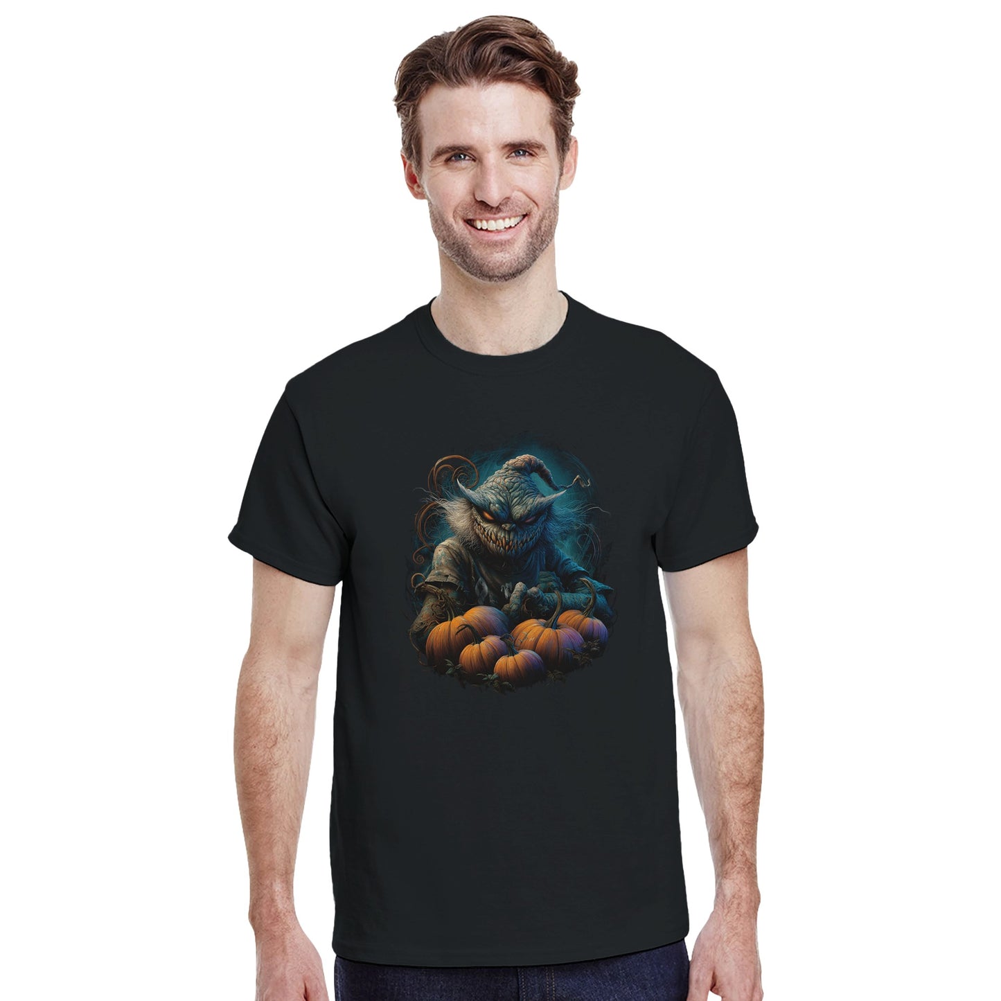 Spooky Scarecrow & Pumpkins on a Heavyweight T-shirt