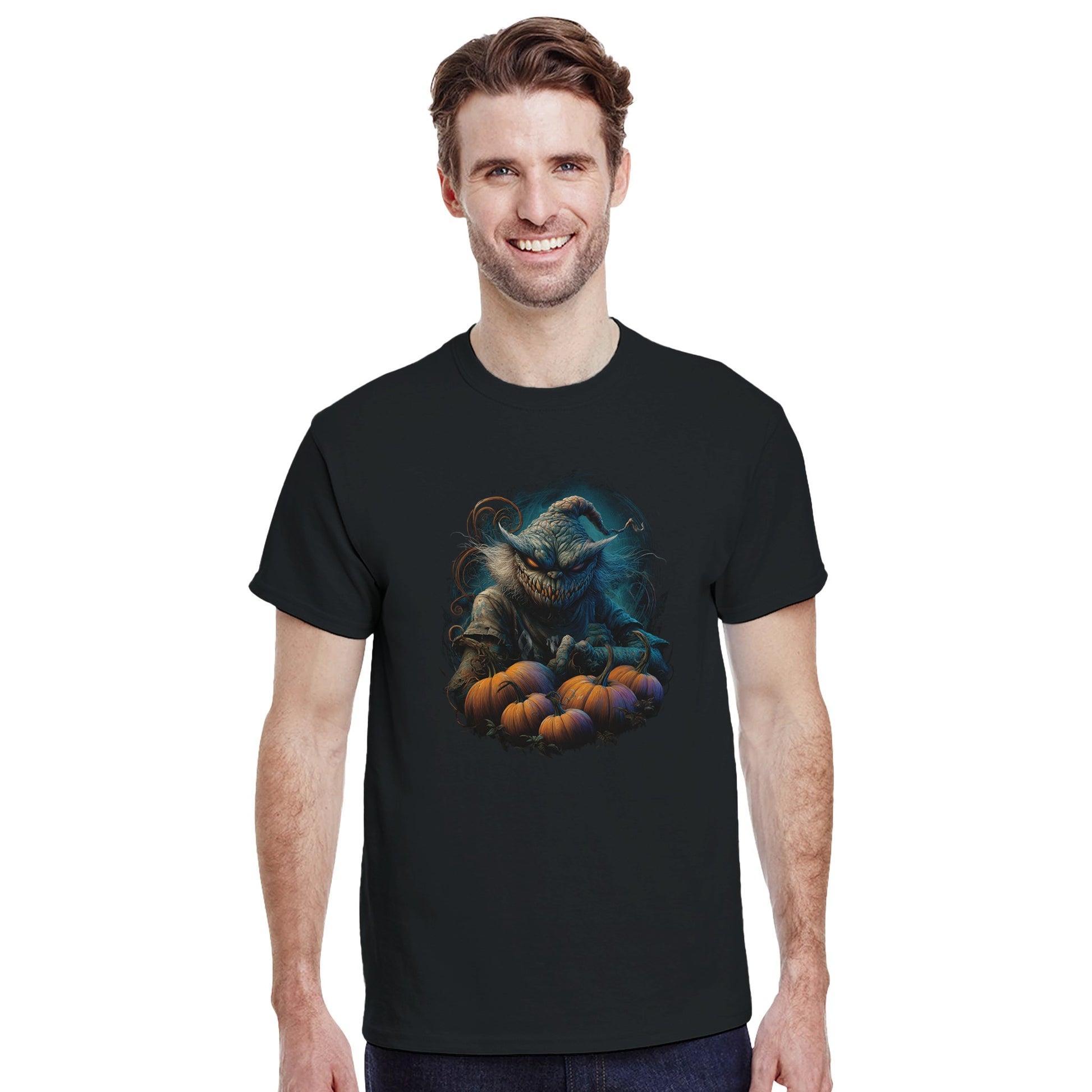 Spooky Scarecrow & Pumpkins on a Heavyweight T-shirt